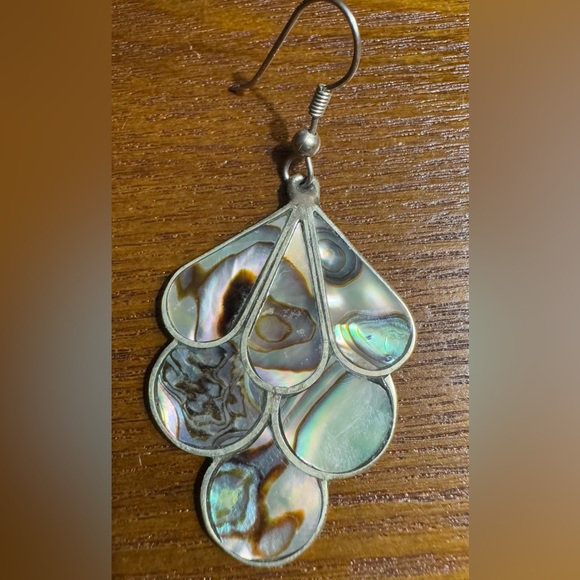 Abalone Shell Earrings, Clip On, Vintage Mexico Jewelry, Alpaca Silver - Picture 2 of 7